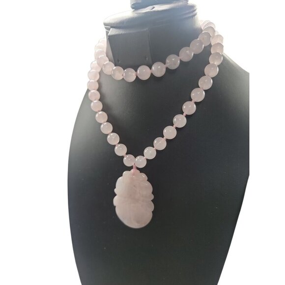 Chinese Rose Quartz Hand Knotted Mala Lotus Design Necklace 28" Vintage - Picture 5 of 16